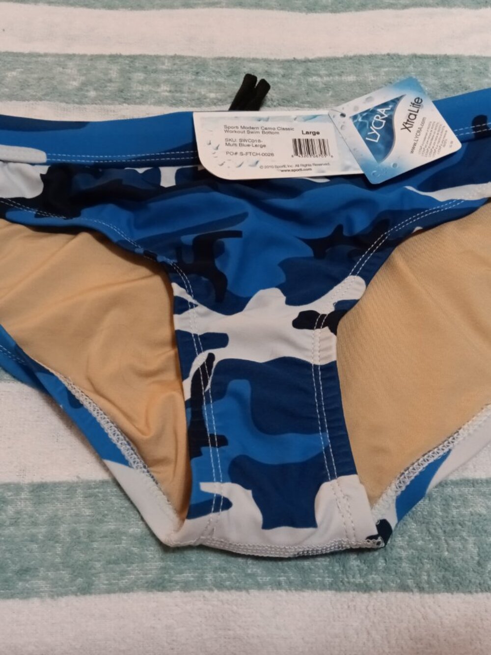 NWT SPORTI MODERN MULTI-BLUE CAMO CLASSIC WORKOUT BIKINI BOTTOM, Size Large